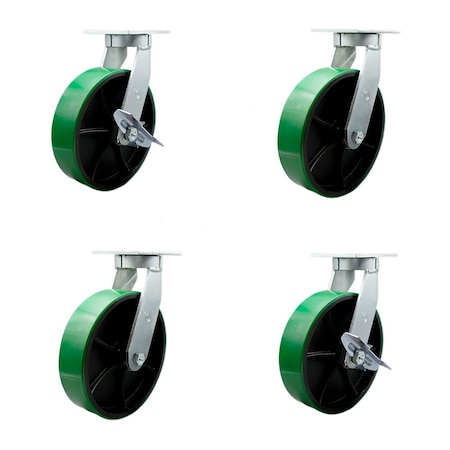 Service Caster 10'' Heavy Duty Green Poly on Cast Iron Caster Set 2 Swivel Lock 2 Brakes, 4PK CRAN-SCC-KP92S1030-PUR-GB-BSL2SLB-2